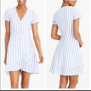 J crew blue white striped ruffle faux wrap dress 4
